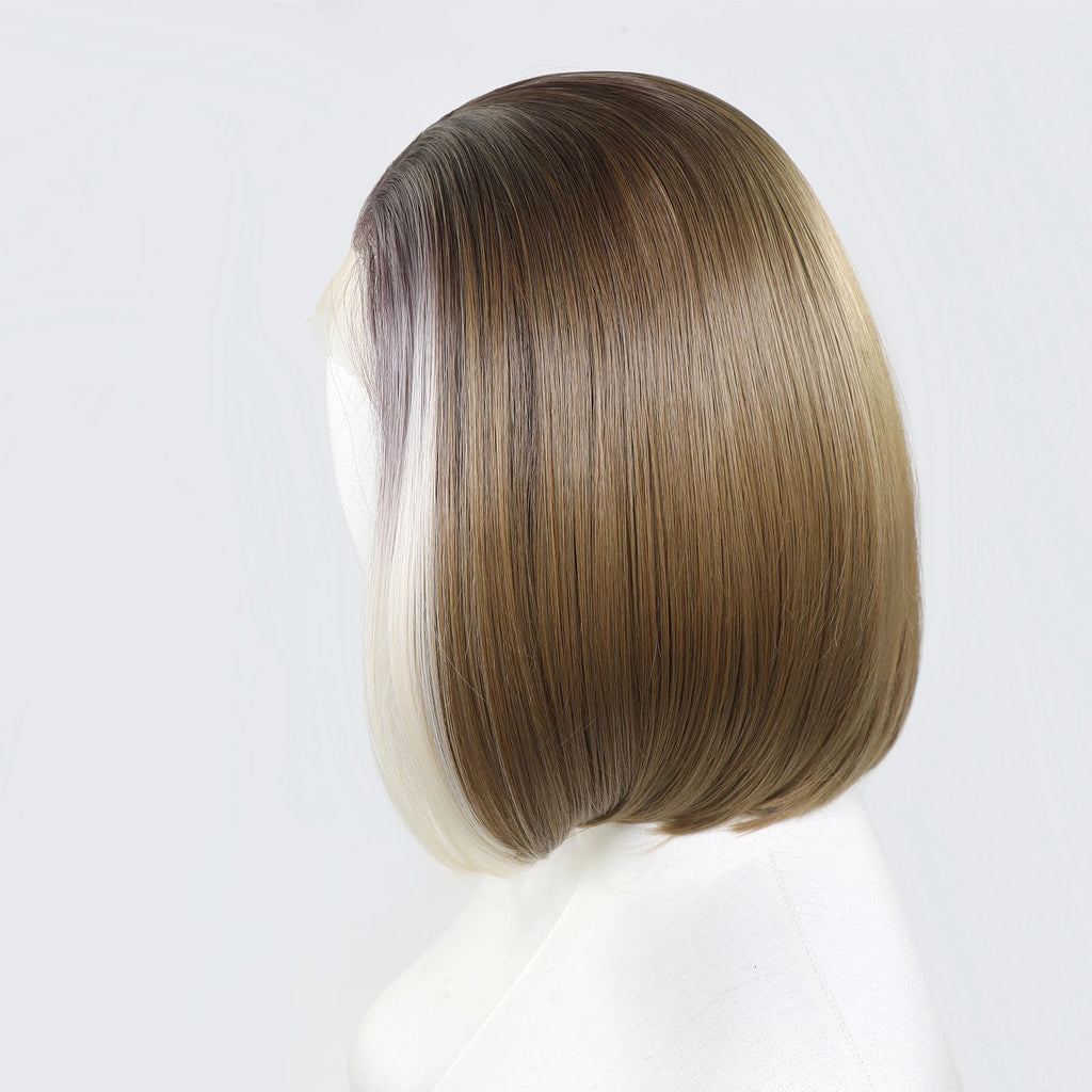 Ombre Blonde Highlight Short Bob Wigs Dark Roots Synthetic 13x4 Lace Front Brown Blonde Wig For Women Daily Use 150Density 12"