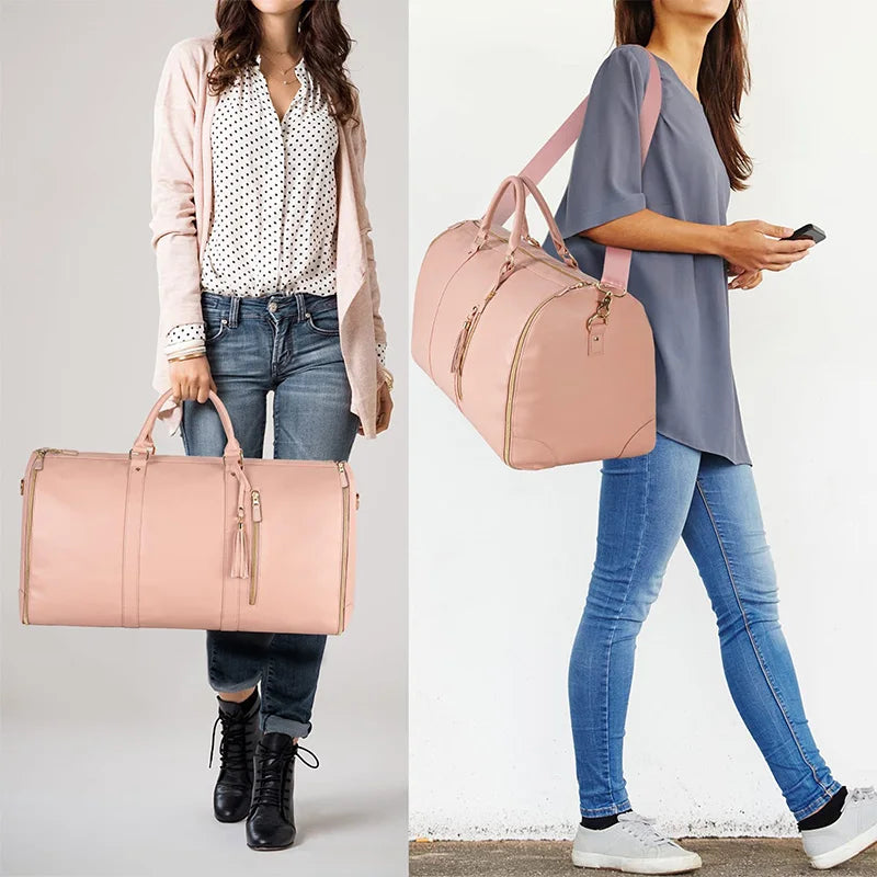 Women PU Leather Travel Bags Large Capacity Luggage Shoulder Bag Designer Hanging Convertible Totes Folding Business Handbags