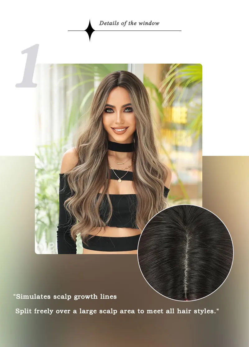 NAMM Long Wavy Honey Brown Wig Mid Split Highlight Beige Natural Synthetic Wig for Women Daily Party Cosplay Wigs Heat Resistan