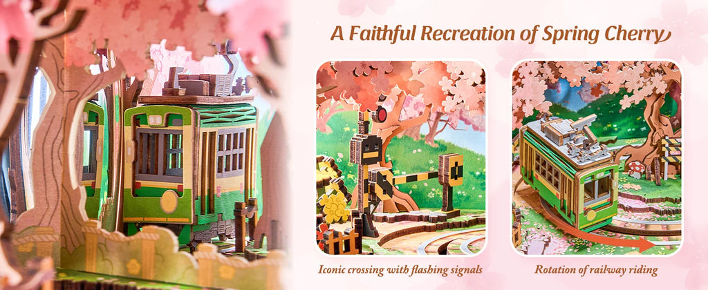 Robotime Rolife Sakura Dreamy Tour 3D Wooden Puzzle Music Box | LED Light & Moving Tram | Therapeutic DIY Gift for Teens & Adults