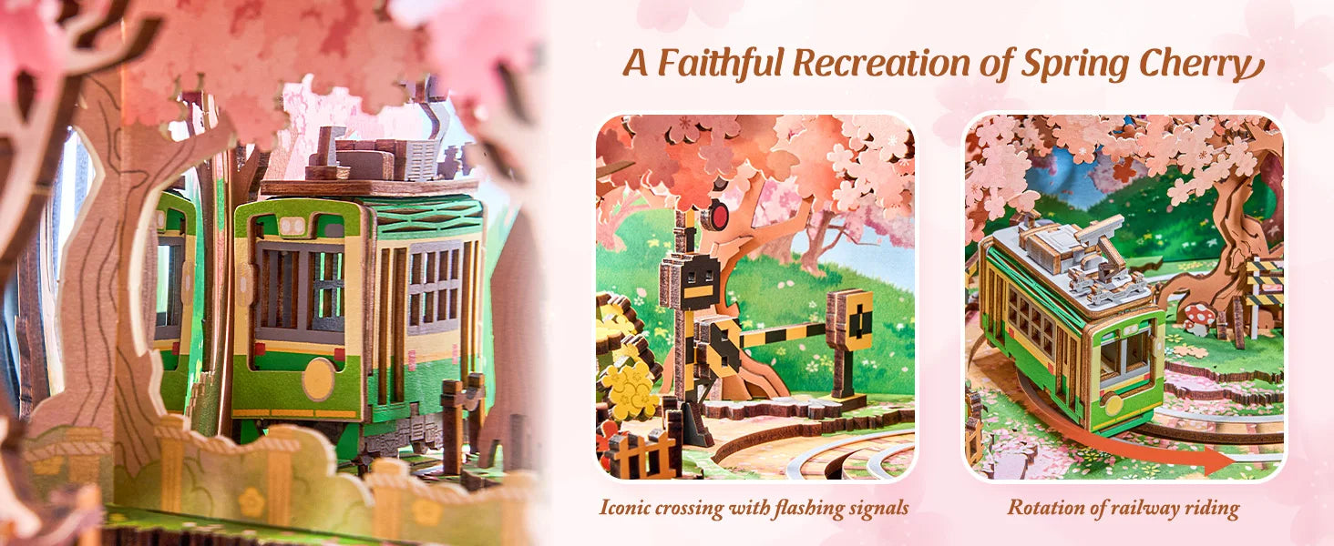 Robotime Rolife Sakura Dreamy Tour 3D Wooden Puzzle Music Box | LED Light & Moving Tram | Therapeutic DIY Gift for Teens & Adults