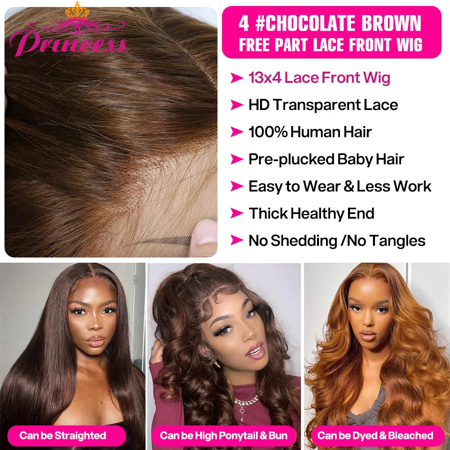 Princess Cholocate Brown Colored Human Hair Wigs 13x4/13x6 Brazilian Body Wave Lace Front Wig Pre Plucked HD Lace Frontal Wig