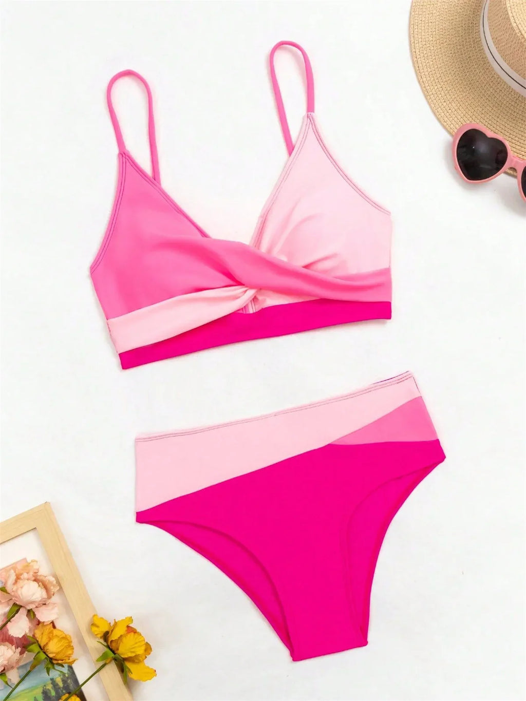 Pink Contrast Push-Up Cross Bikini – Women's Two-Piece Patchwork Swimsuit