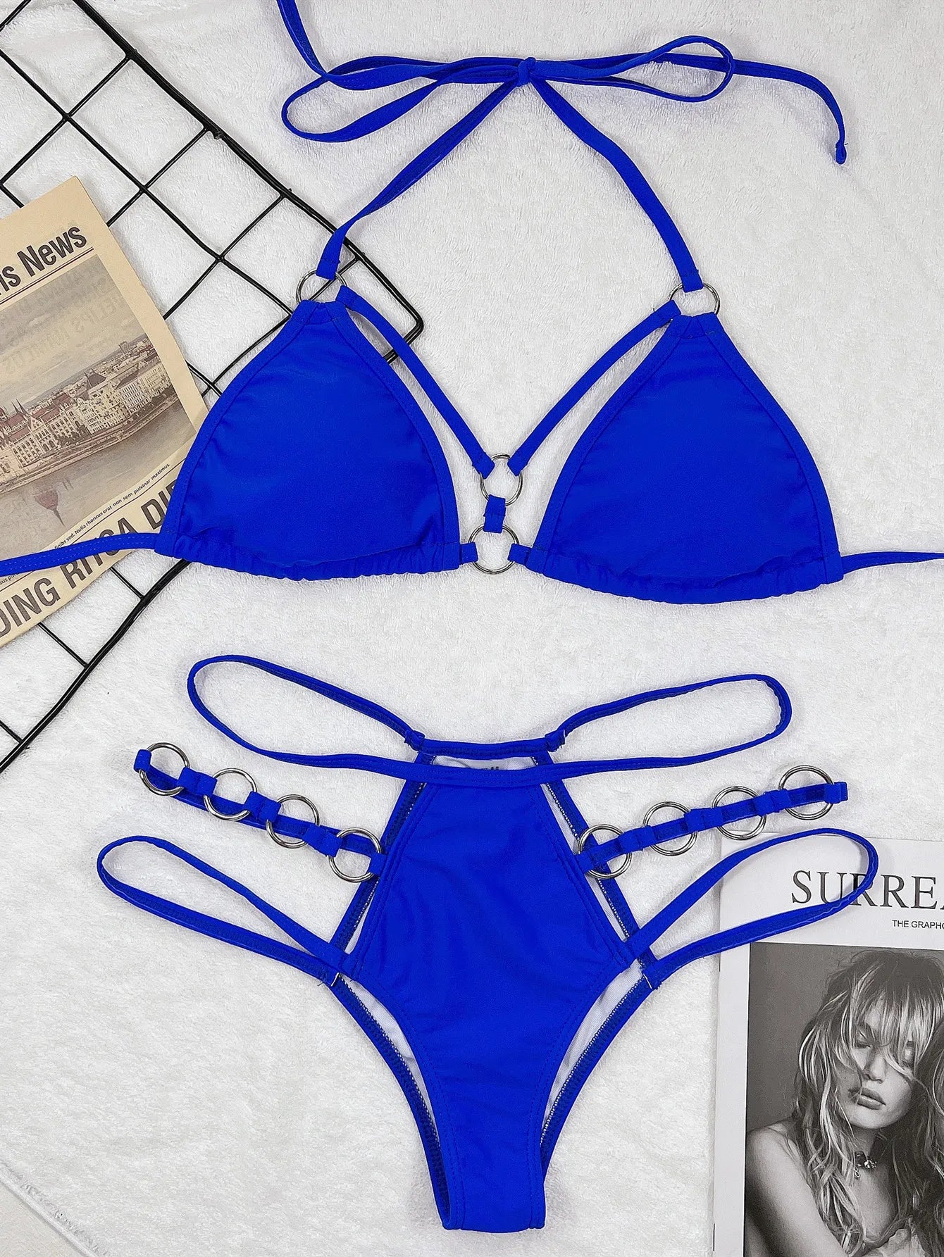 Hollow Halter Bikini Set with Metal Ring – Women's Solid Swimwear