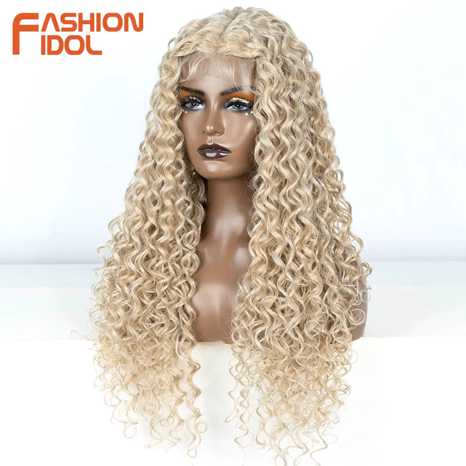 FASHION IDOL 30 inch Afro Kinky Curly Lace Wig Synthetic With Baby Hair High Temperature Fiber Ombre Blonde Lace Wigs For Women