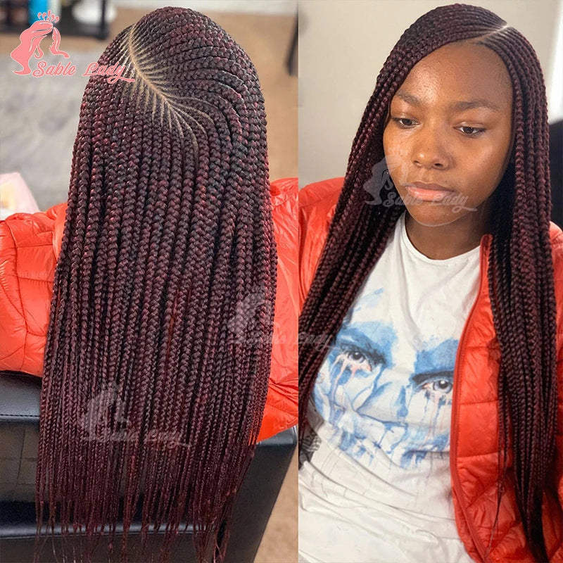 36" Full Lace Cornrow Braided Wigs Synthetic Burgundy Red Knotless Box Braids Wig Godness Side Part Braided Wigs for Black Women