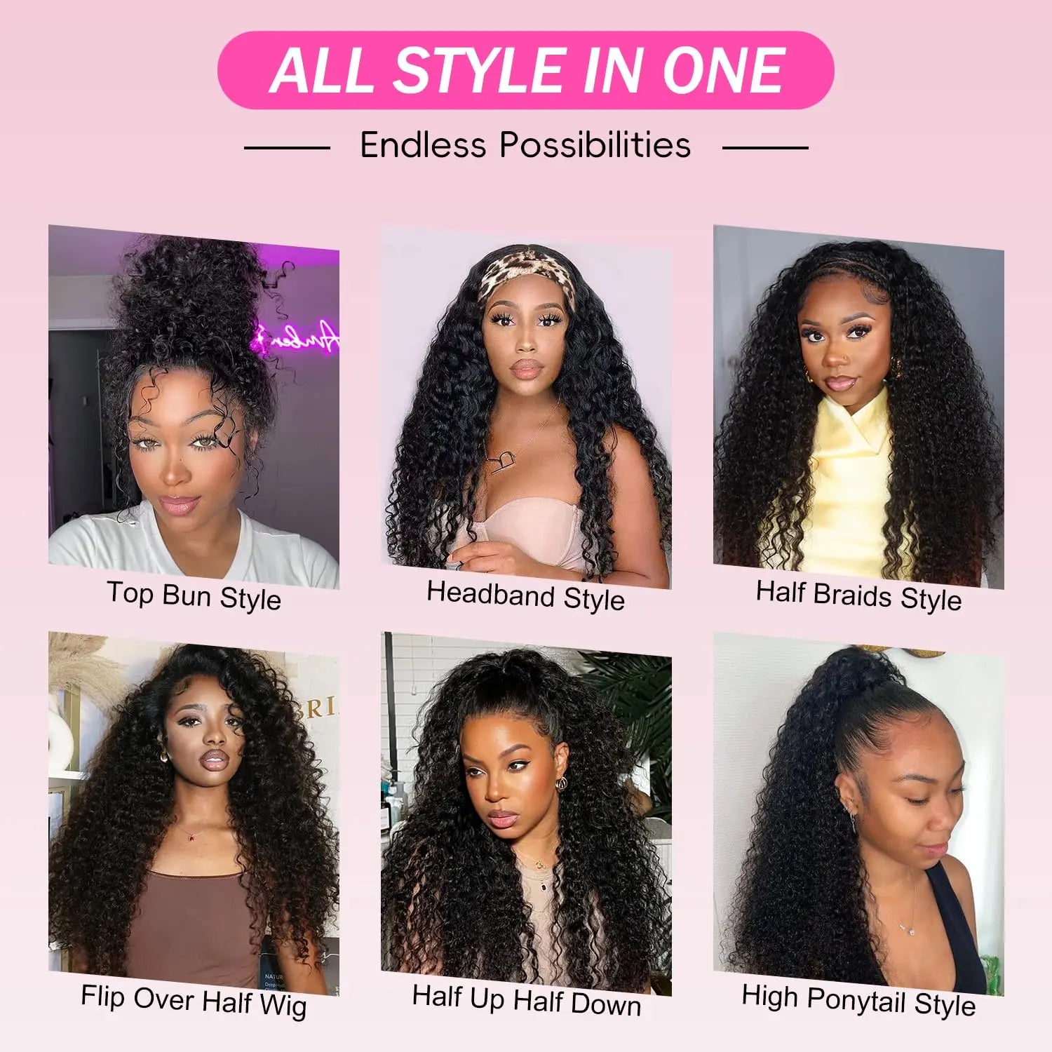 250% Density Deep Curly Half Wigs Human Hair Water Wave Wig Upgrade 3 IN 1 Half Wig With Drawstring Seamless Clip Ins Flip Over