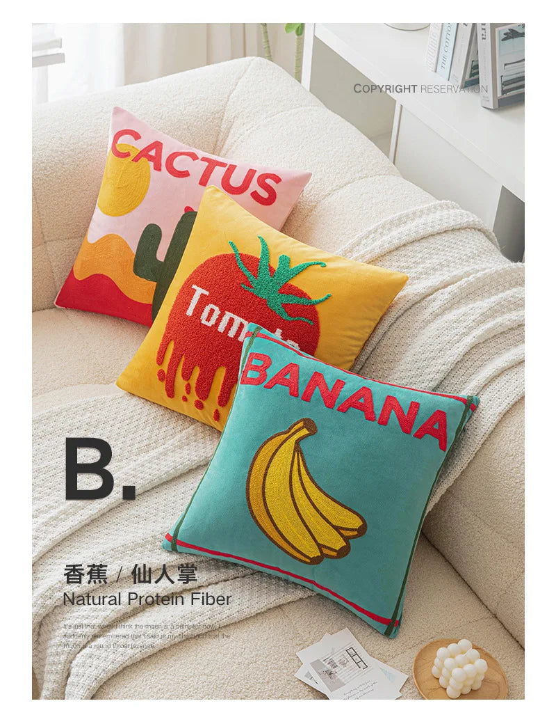 Ins Letter Fruit Embroidered Cushion Cover | 45×45cm Nordic Velvet Pillowcase | Handmade Home Decor