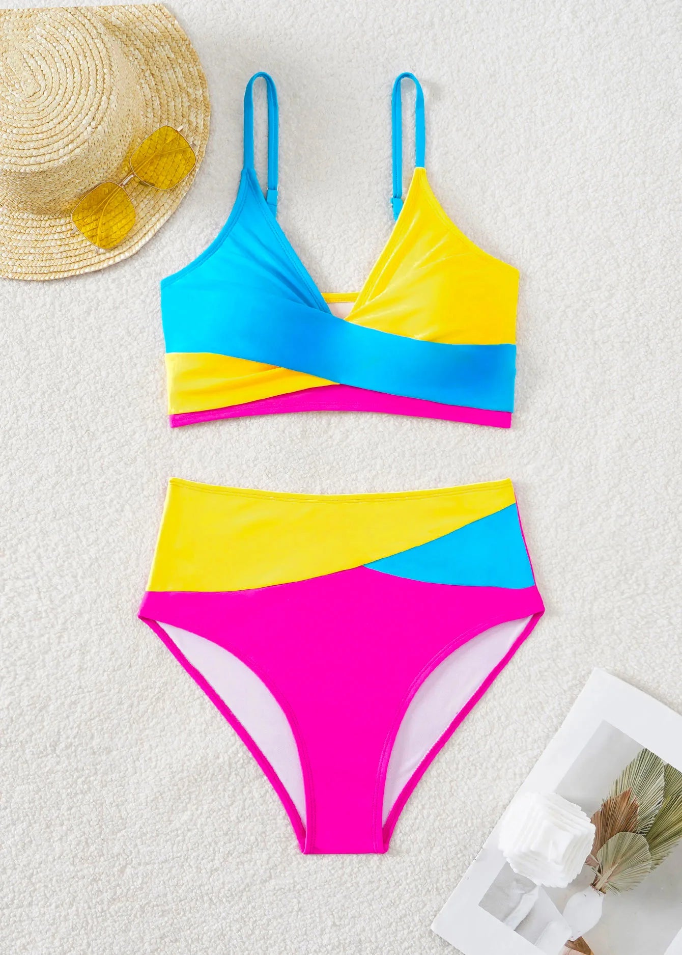 Pink Contrast Push-Up Cross Bikini – Women's Two-Piece Patchwork Swimsuit