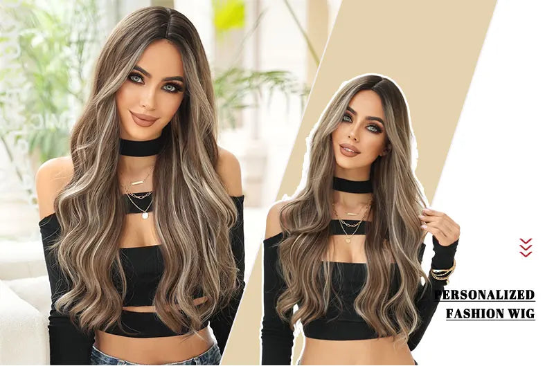 NAMM Long Wavy Honey Brown Wig Mid Split Highlight Beige Natural Synthetic Wig for Women Daily Party Cosplay Wigs Heat Resistan