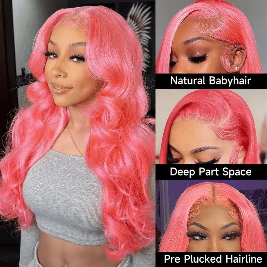 13x6 Pink Body Wave Lace Front Wigs For Women Long Wavy Hair Wig Soft Lace Wig With Natural Hairline Human Hair Party Cosplay