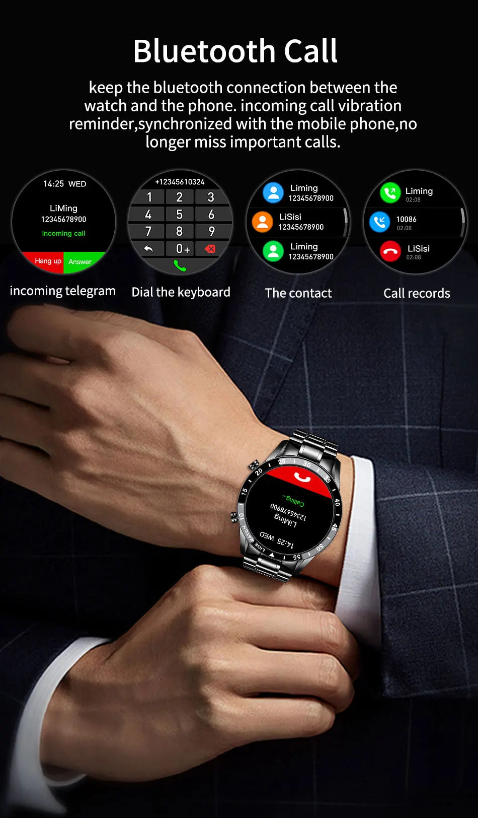 LIGE Men's Bluetooth Smartwatch – Full Touch Steel Sports Watch, IP67 Waterproof