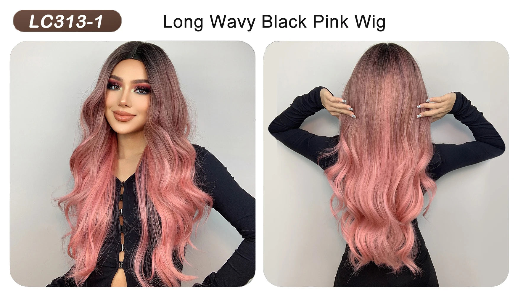 ALAN EATON Long Wavy Synthetic Wigs Ombre Black Pink Wigs for Women Cosplay Natural Middle Part Hair Wig High Temperature Fiber