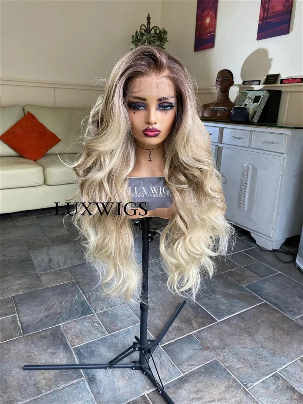 Long Blonde Wig Thick Wavy Blonde Lace Front Wig with Light Brown Roots Balayage Synthetic Fibre Luxury Women Wigs Daily Use
