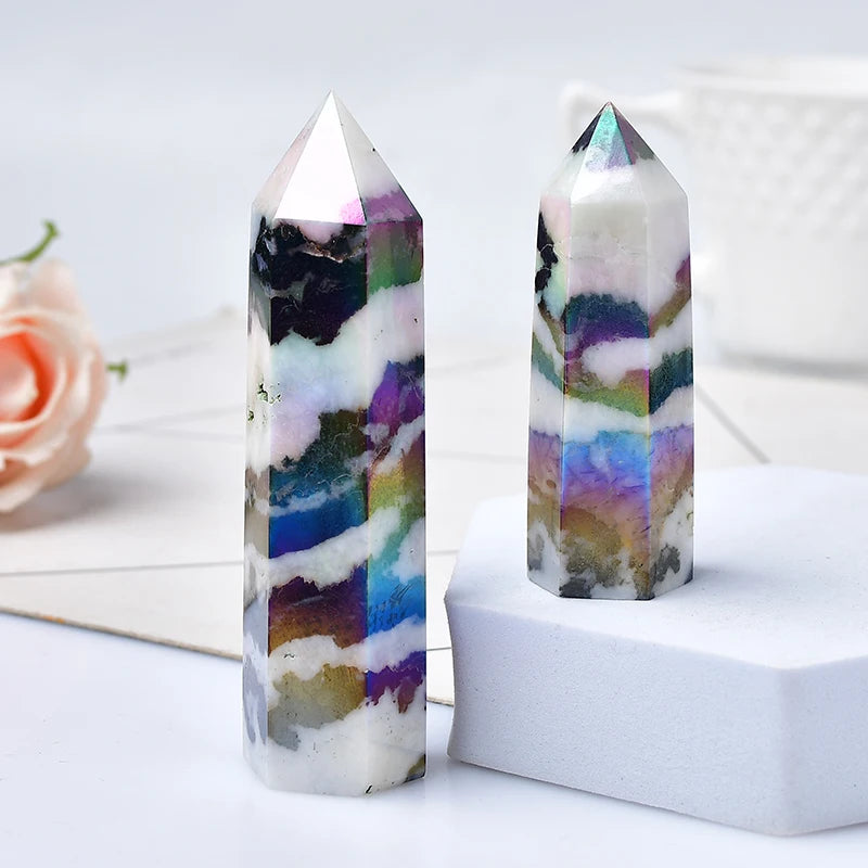 Zebra Quartz Crystal Wand | Natural Black & White Aura Stone Obelisk | Healing Crystal Point | Feng Shui Home Decor