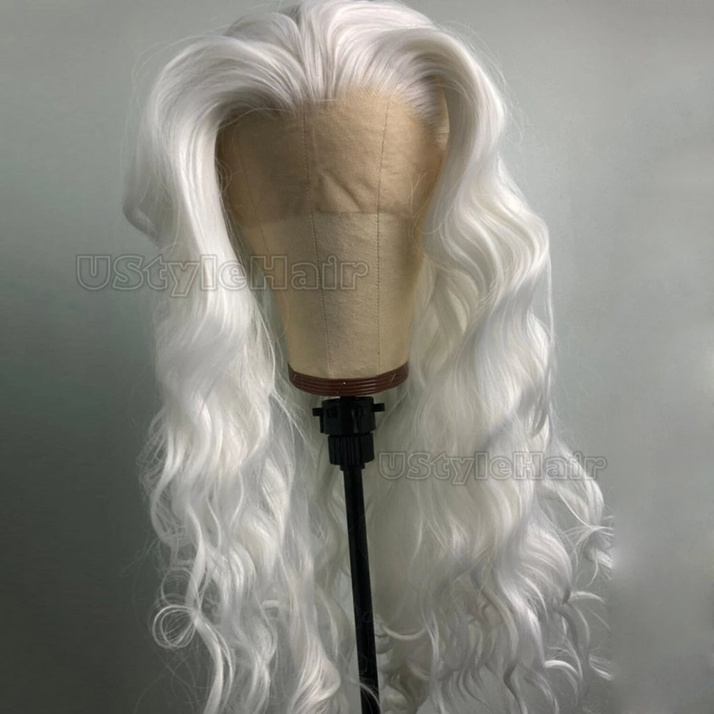 White Deep Wave Wig 13x4 Lace Front Wig Long Synthetic Frontal Wigs for Women Glueless Daily Wear Cosplay Wigs Heat Resistant