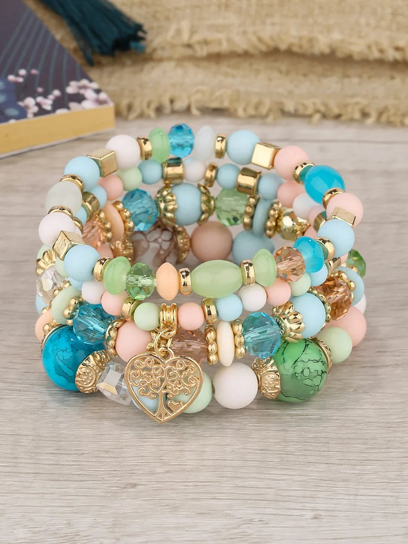 New Acrylic Beads Chain Bracelet Set For Women Tree Of Life Charm Elastic Bangle Female Bohemian Jewelry Accessories