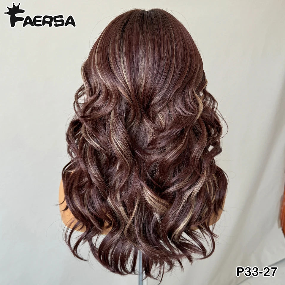 Ombre Brown Blonde Synthetic Body Wave Lace Front Wig 13x5x1 For Black Women 18“ T Part Wavy Layered Cosplay Wig with Baby Hair