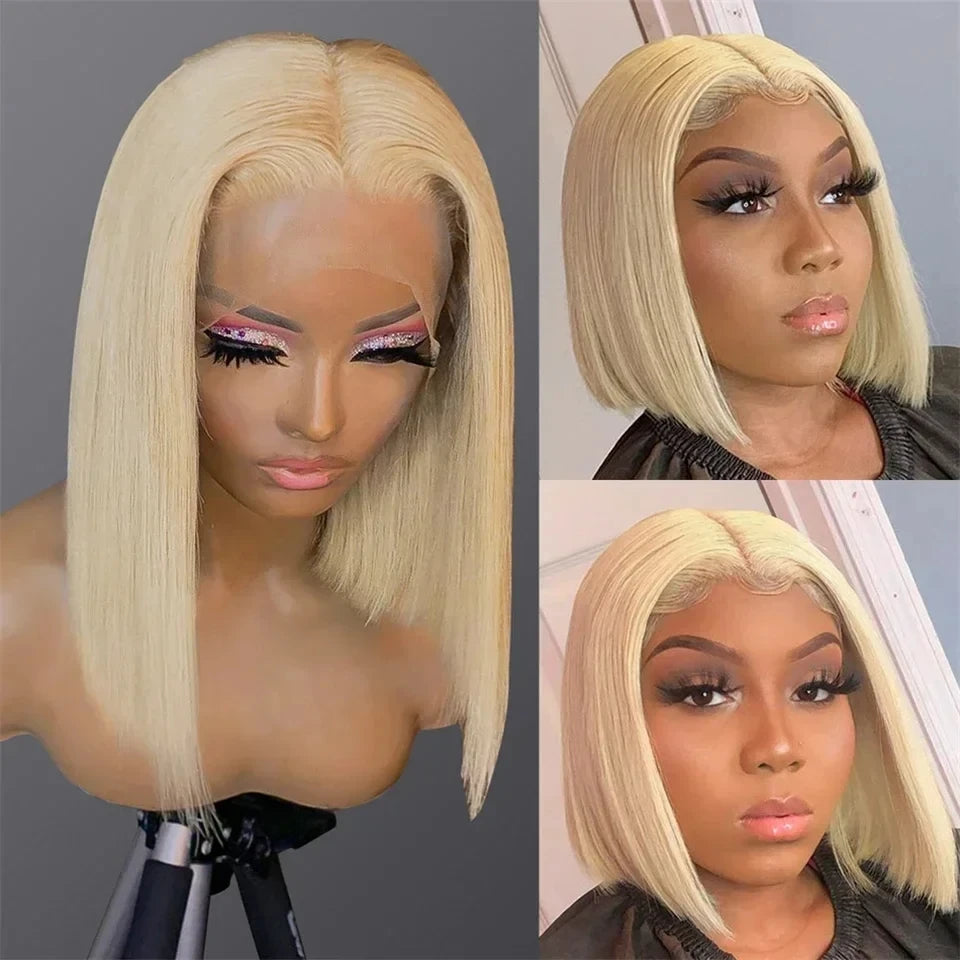 13x4 HD Short Ombre Blonde Wig Straight Bob Lace Front Wig Pre Plucked Synthetic Short Lace Frontal Wig Glueless Daily Cosplay