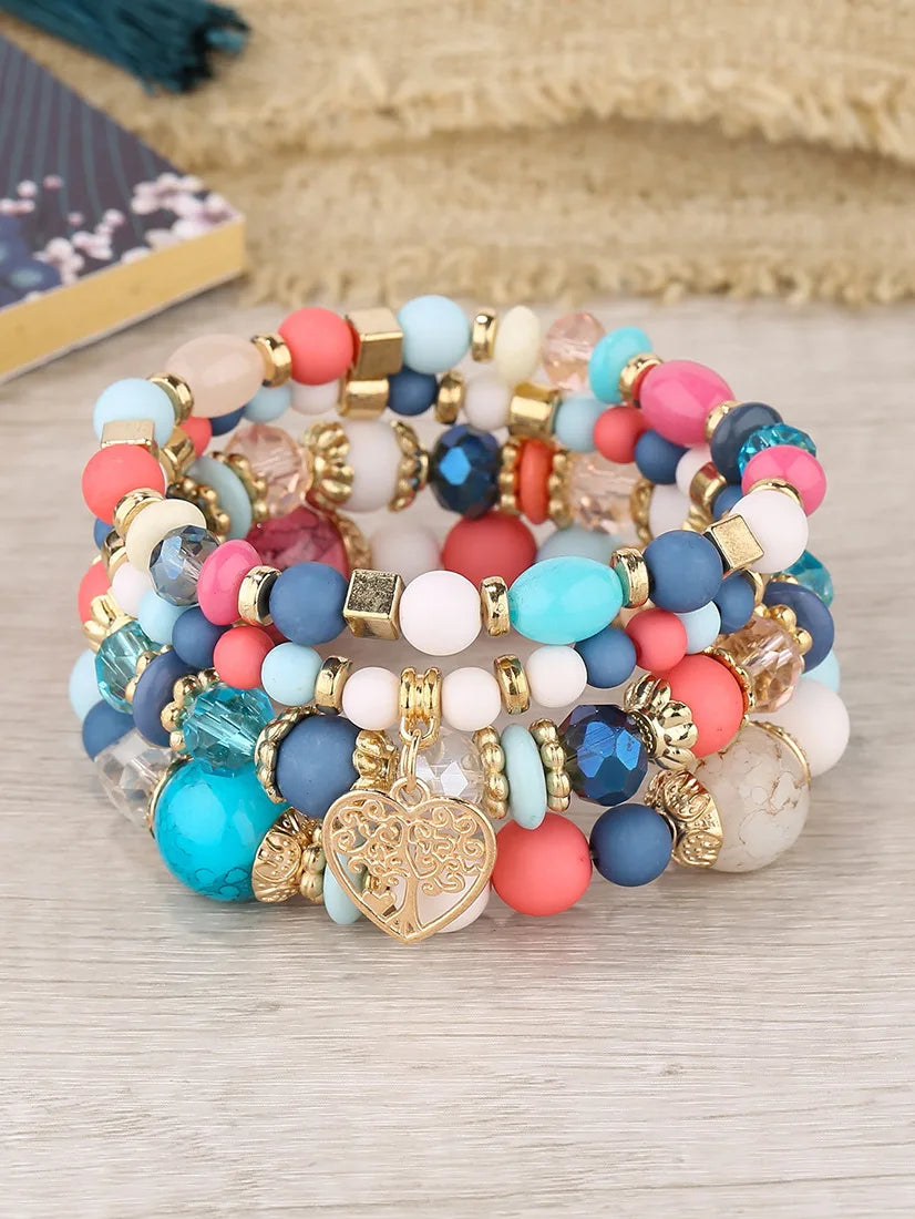 New Acrylic Beads Chain Bracelet Set For Women Tree Of Life Charm Elastic Bangle Female Bohemian Jewelry Accessories