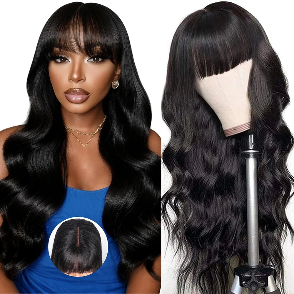 Body Wave Wigs with Bangs 3x1 Middle Part Lace Wig Human Hair Pre Plucked Body Wave Real Human Wigs with Bangs for Women 34 Inch