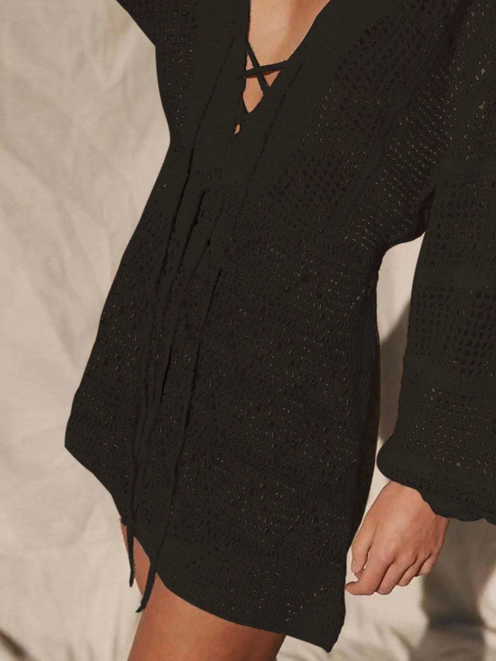 Sexy Deep V-neck Lace-up Bell Sleeve Knit Mesh Hollow Out Beach Mini Dress 2026 Summer Swimsuit Cover Up Women Casual Tunic K14