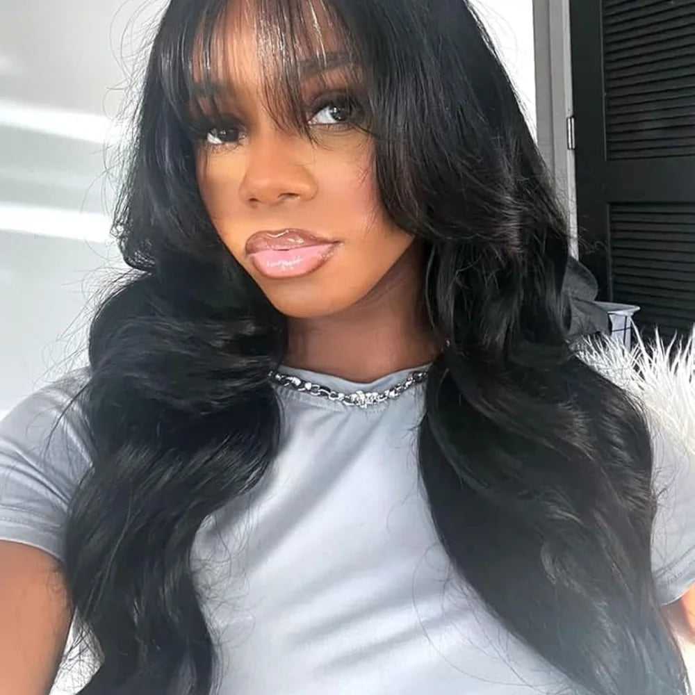 Body Wave Wigs with Bangs 3x1 Middle Part Lace Wig Human Hair Pre Plucked Body Wave Real Human Wigs with Bangs for Women 34 Inch