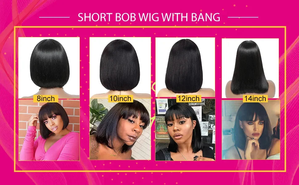 12A Malaysia Short Bob Wig With Bang Straight Bob Wig 100% Human Hair Wig Virgin Full Machine Made Wig For Women Cheap Bob Wigs