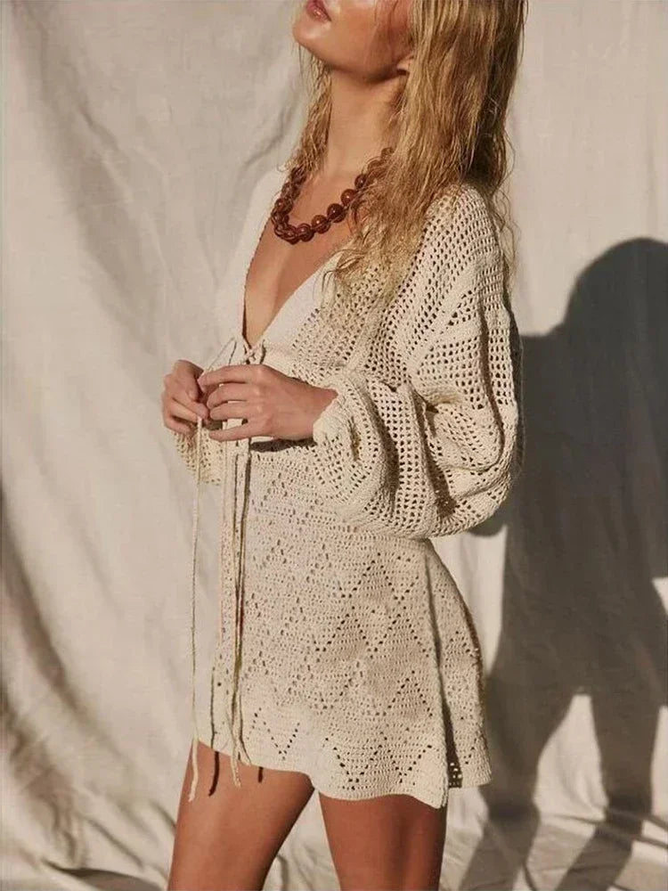 Sexy Deep V-neck Lace-up Bell Sleeve Knit Mesh Hollow Out Beach Mini Dress 2026 Summer Swimsuit Cover Up Women Casual Tunic K14