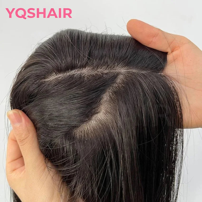 6x6inch Silk Base Topper with Air Bangs Virgin European Human Hair Wig for Women Silk Top with PU Front Glueless Soft Breathable