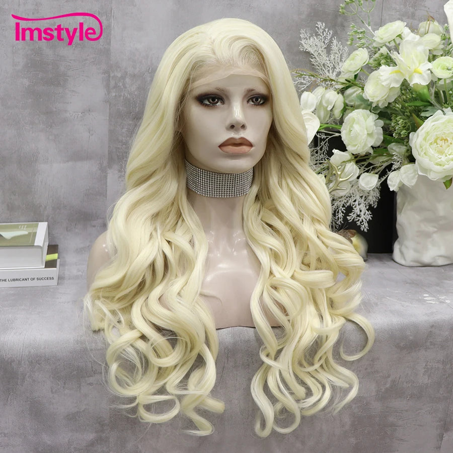 Imstyle Platinum Blonde Wig Long Synthetic Lace Front Wig Natural Wavy Wig For Women Heat Resistant Fiber Cosplay Wigs