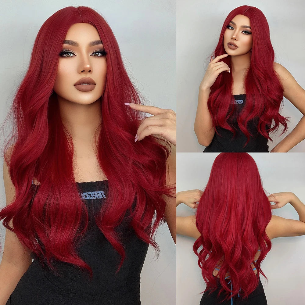 ALAN EATON Long Wavy Synthetic Wigs Ombre Black Pink Wigs for Women Cosplay Natural Middle Part Hair Wig High Temperature Fiber