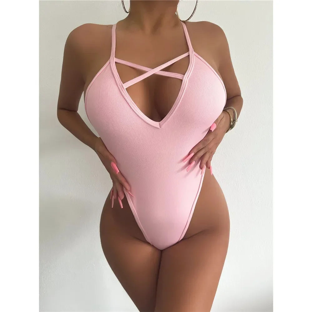Pink Swimsuit Cross String Backless Micro Bikini Extreme BeachWear One-Piece Monokini Bandage Sexy Women Bathing Suits Swimwears