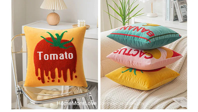 Ins Letter Fruit Embroidered Cushion Cover | 45×45cm Nordic Velvet Pillowcase | Handmade Home Decor
