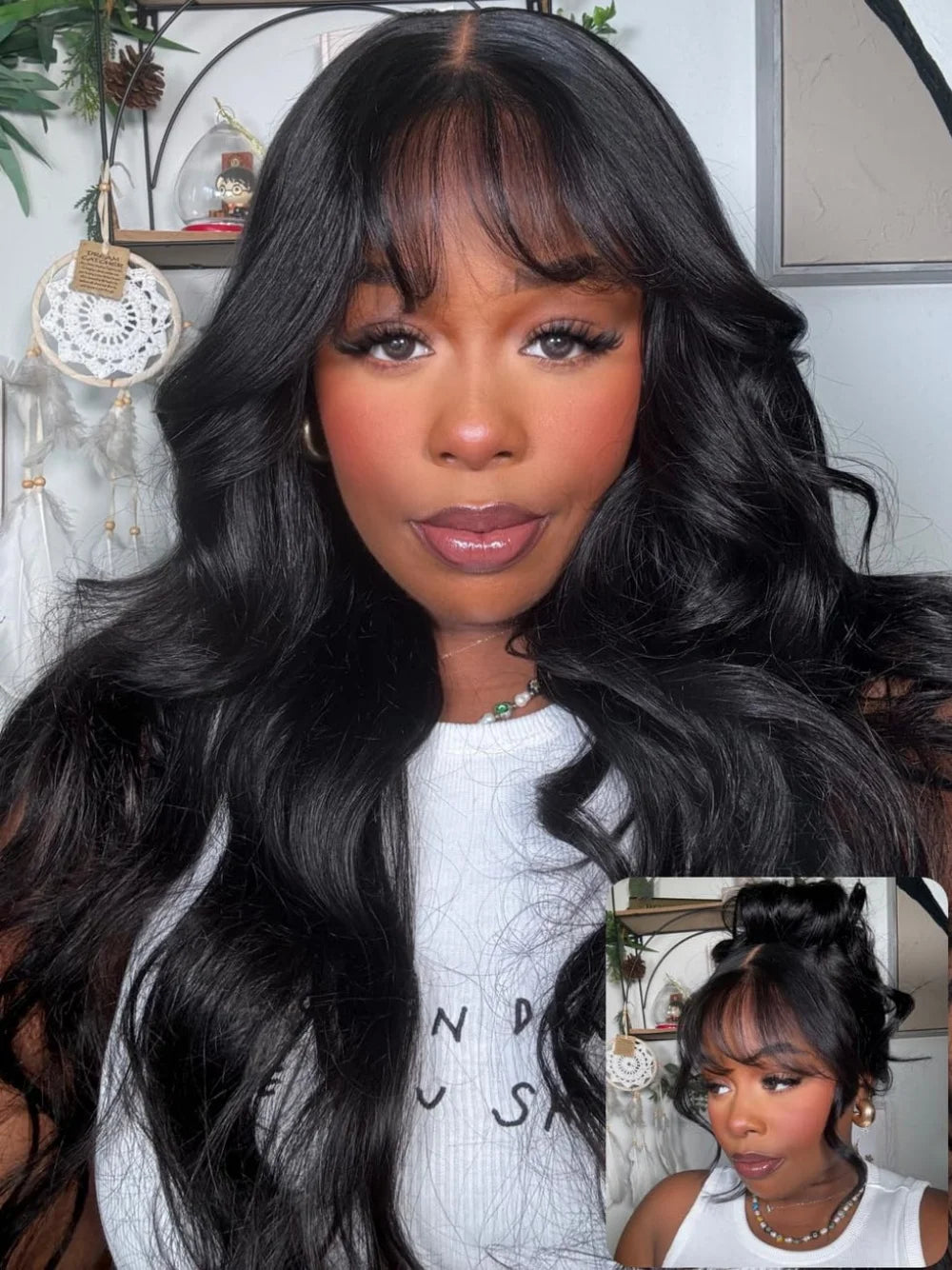 Body Wave Wigs with Bangs 3x1 Middle Part Lace Wig Human Hair Pre Plucked Body Wave Real Human Wigs with Bangs for Women 34 Inch