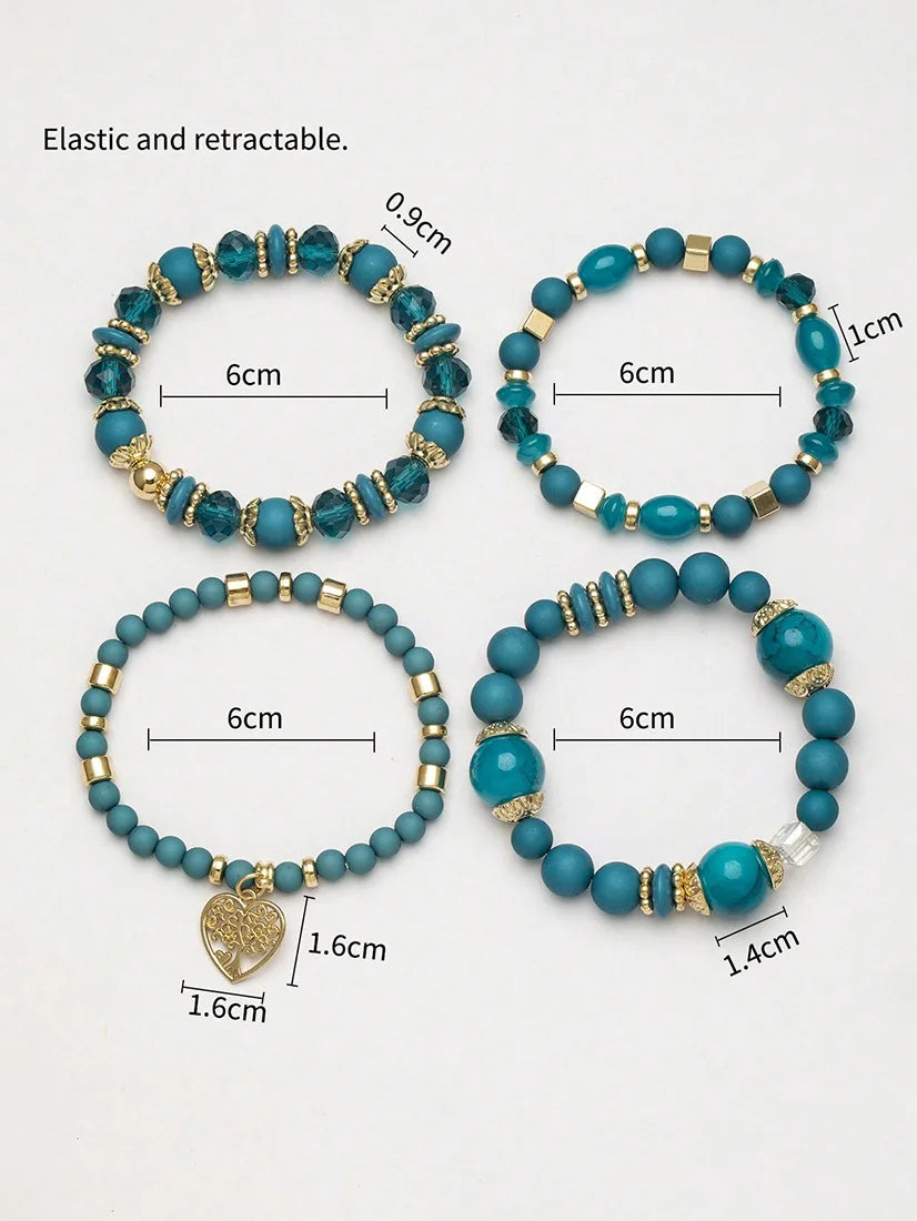 New Acrylic Beads Chain Bracelet Set For Women Tree Of Life Charm Elastic Bangle Female Bohemian Jewelry Accessories