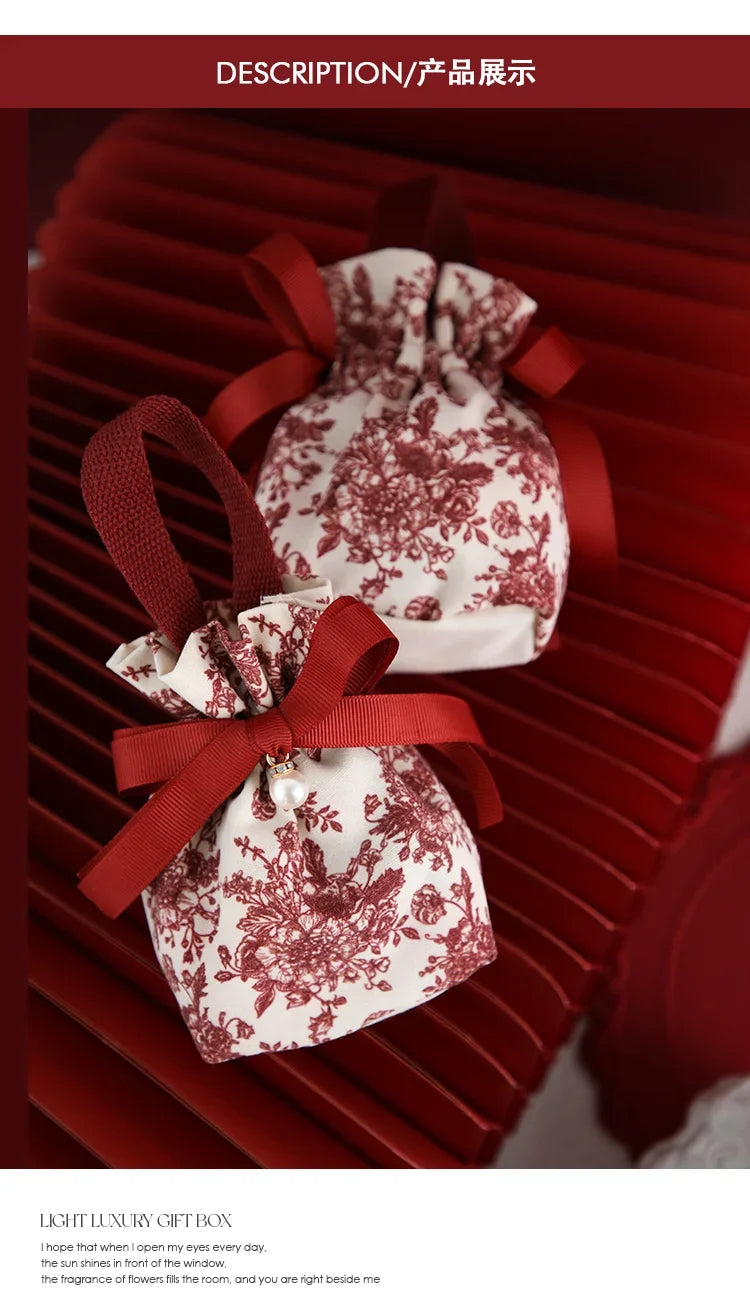 5/10pcs Portable Drawstring Handheld Canvas Candy Bags with Floral Pattern & Ribbon Bow Soft Reusable Wedding Gift Packing Bags