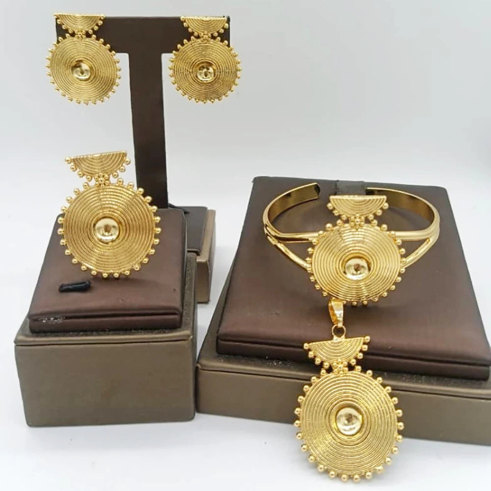 African Map Bridal Jewelry Set – 4-Set Luxury Gold Pendant Earrings, Bangles & Ring for Weddings