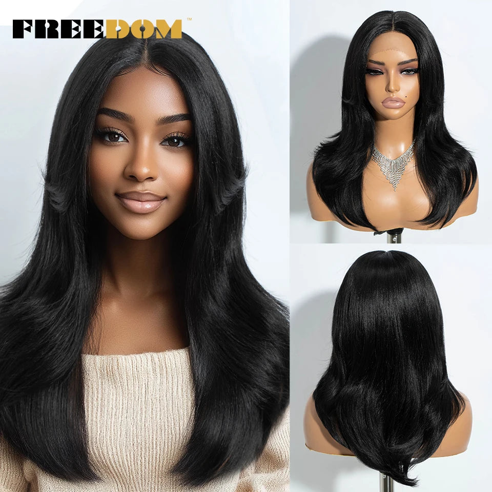 FREEDOM Straight Synthetic Lace Front Wigs For Black Women Ombre Blonde Brown Lace Wig 20 Inch Wig With Bangs Cosplay Lace Wig