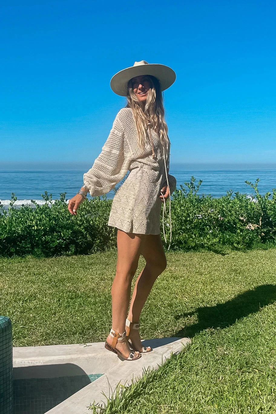 Sexy Deep V-neck Lace-up Bell Sleeve Knit Mesh Hollow Out Beach Mini Dress 2026 Summer Swimsuit Cover Up Women Casual Tunic K14
