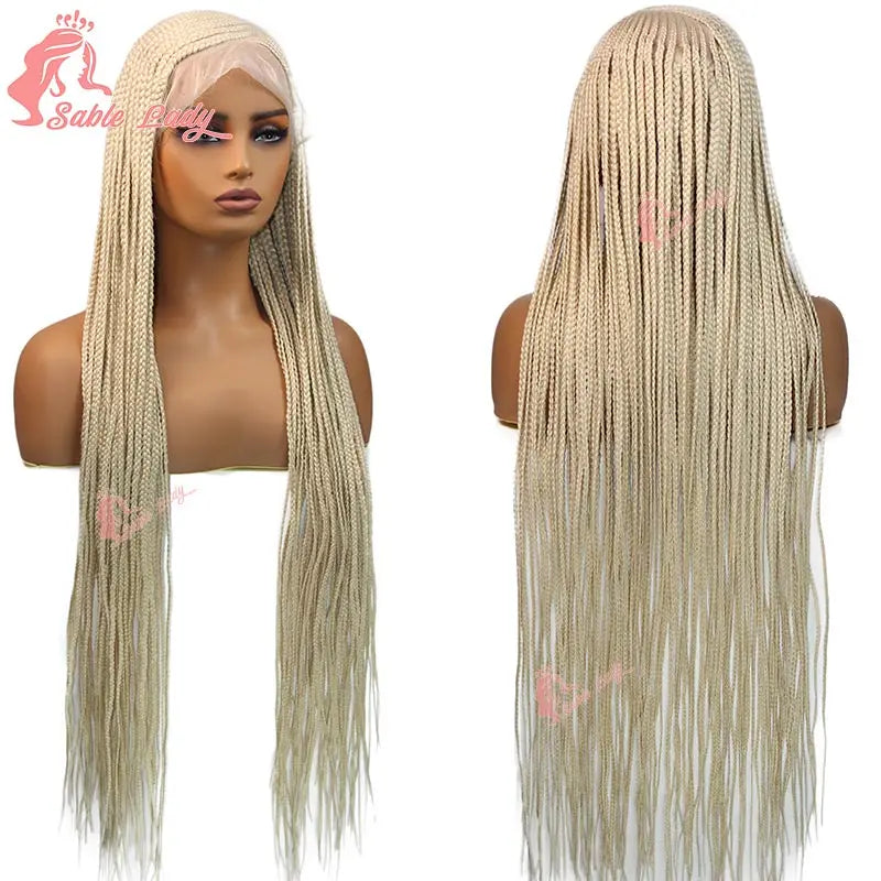 36" Full Lace Cornrow Braided Wigs Synthetic Burgundy Red Knotless Box Braids Wig Godness Side Part Braided Wigs for Black Women