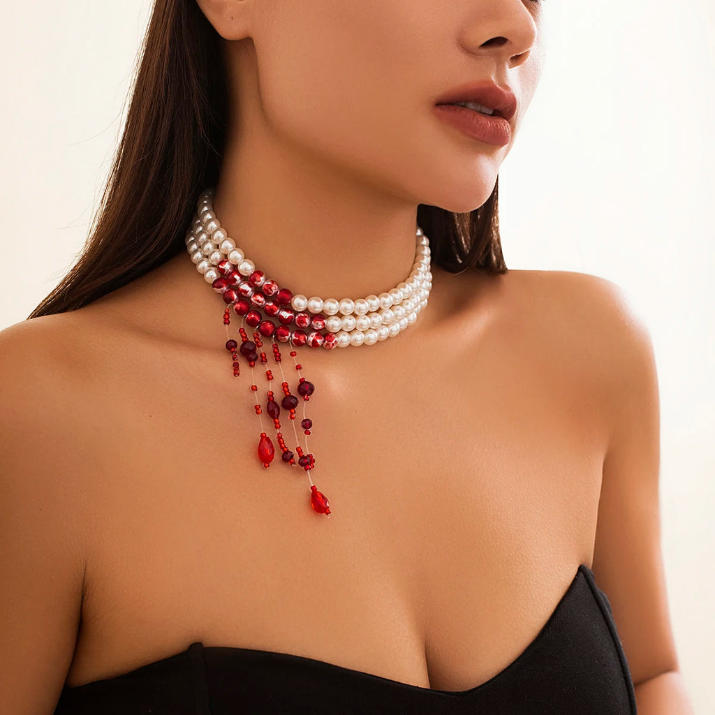 Multilayer Vintage Red Blood Pattern Imitation Pearl Tassel Pendant Necklace for Women Goth Crystal Bead Chain Halloween Jewelry