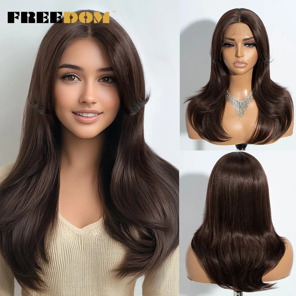 FREEDOM Straight Synthetic Lace Front Wigs For Black Women Ombre Blonde Brown Lace Wig 20 Inch Wig With Bangs Cosplay Lace Wig