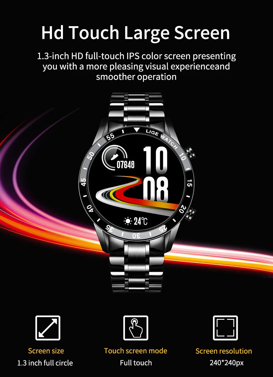 LIGE Men's Bluetooth Smartwatch – Full Touch Steel Sports Watch, IP67 Waterproof