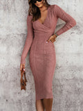 Women's Clothing - Spring and Autumn Fashion Elegant Sexy Slim Cross V-Neck Fried Dough Twists Cross Long Sleeve Knitted Dress