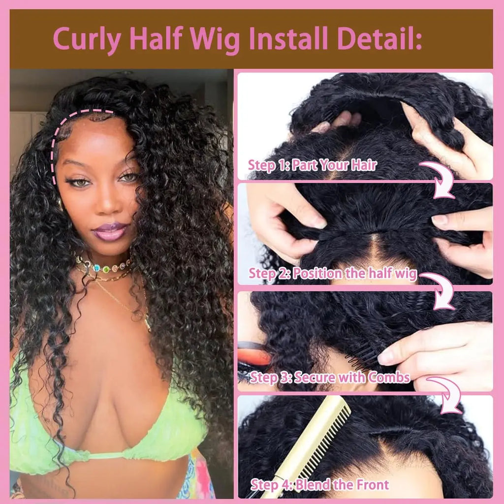 250% Density Deep Curly Half Wigs Human Hair Water Wave Wig Upgrade 3 IN 1 Half Wig With Drawstring Seamless Clip Ins Flip Over