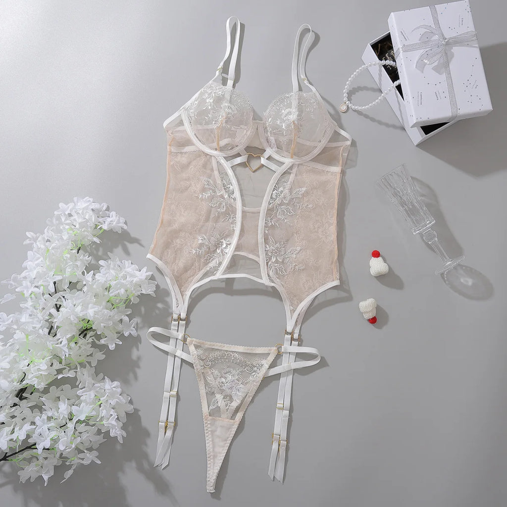 Embroidered Floral Lace Bodysuit Lingerie Set – Sexy Bra & Brief Underwear