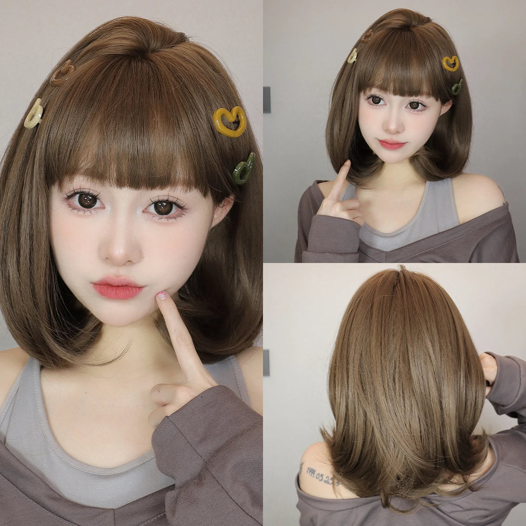 Sky Blue Short Bob Wigs for Women Synthetic Wavy Curly Wigs with Bangs Cosplay Halloween Blue Wig Natural Heat Resistant Hair