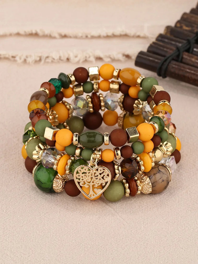 New Acrylic Beads Chain Bracelet Set For Women Tree Of Life Charm Elastic Bangle Female Bohemian Jewelry Accessories