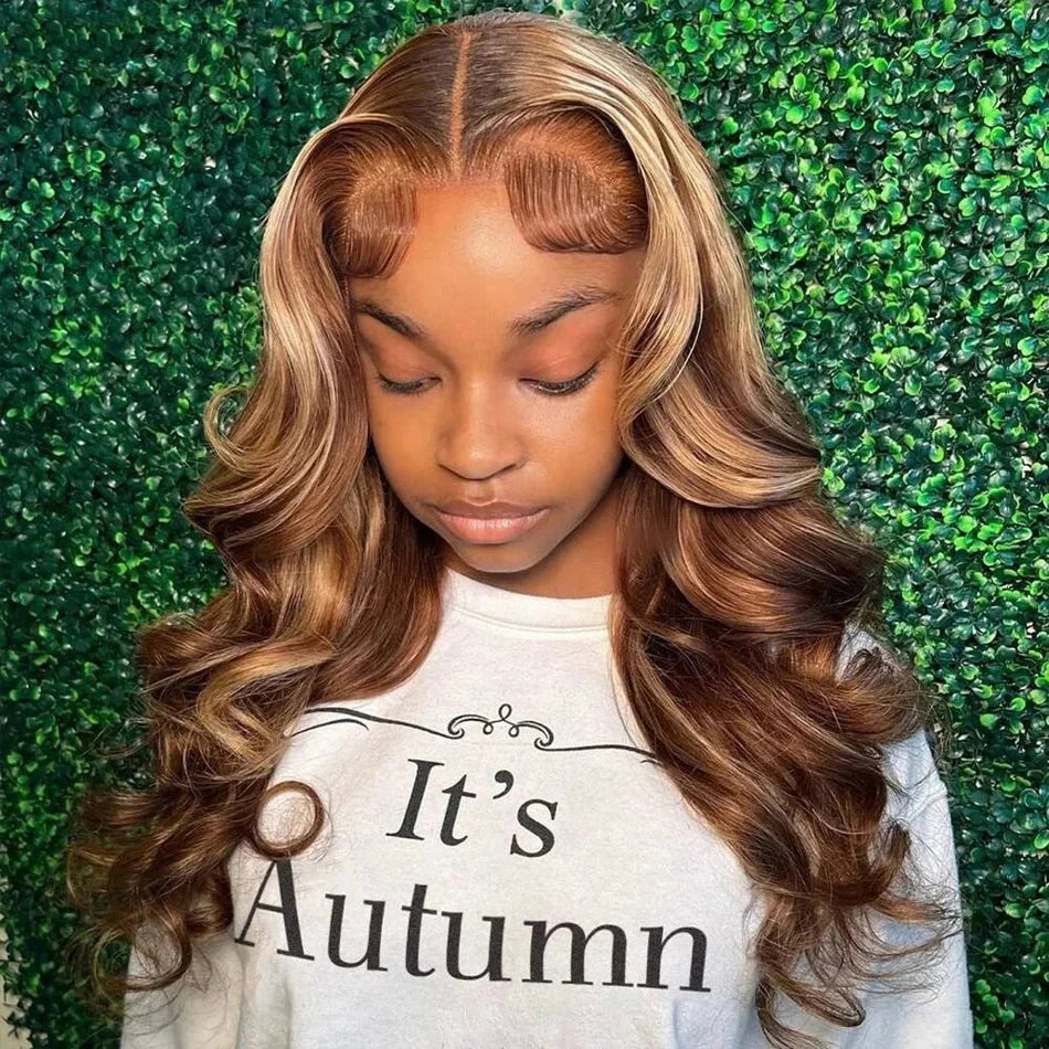 Highlight Body Wave 13x6 Lace Frontal Wig For Women 4/27 Brown Colored 13x4 Transparent Lace Front Human Hair Wig Pre Plucked